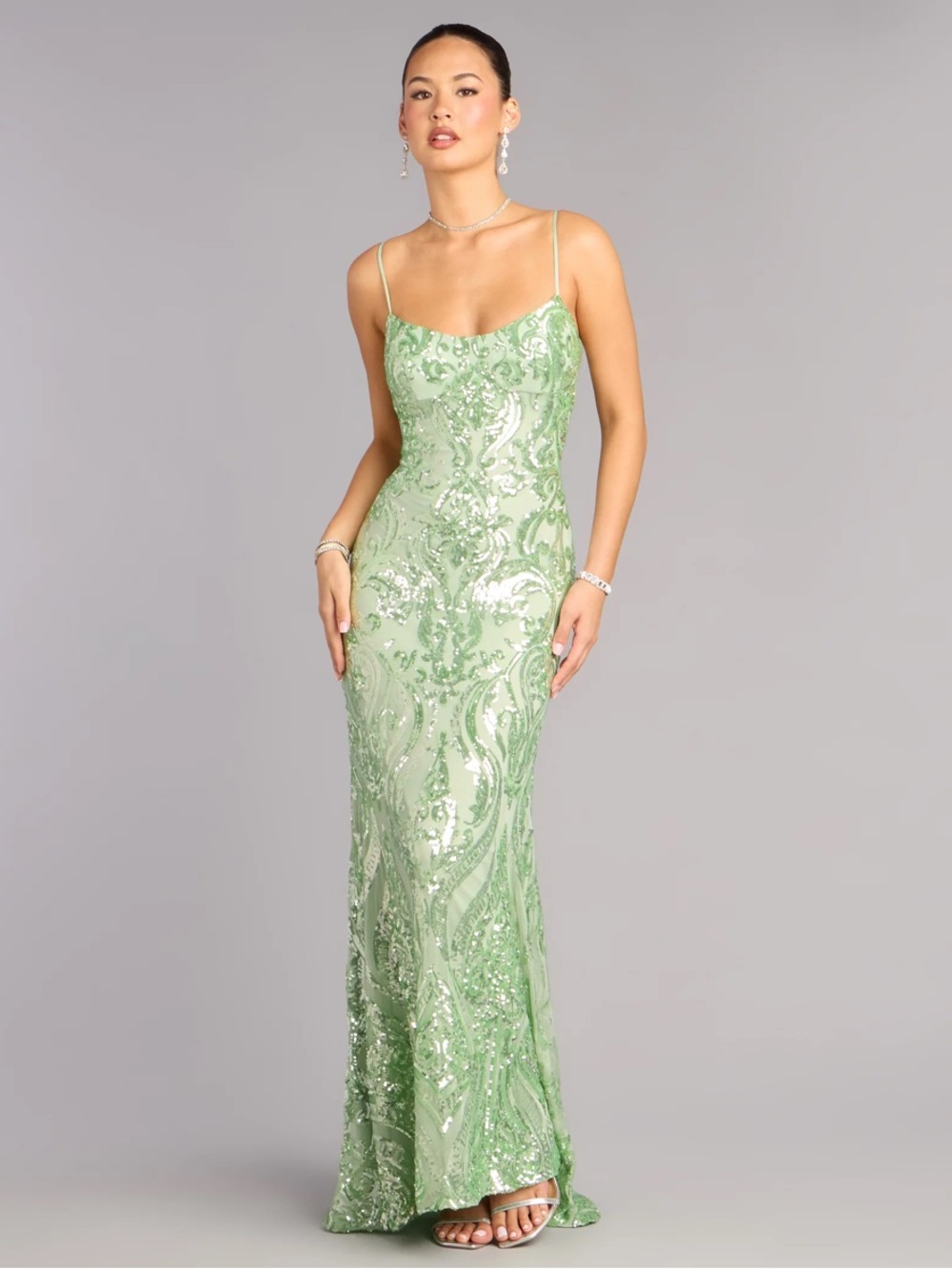 Windsor Sequin Lace-Up Maxi Dress in Sage Green